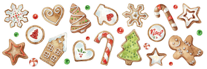 Gingerbread clipart. Watercolor Christmas illustrations set. New Year holiday decor. Winter traditional cookie with ornament: man, tree, stars, heart, noel, house, snowflake, candy.