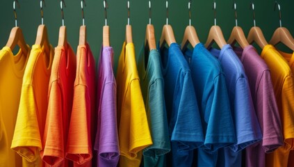 Six Colorful T-Shirts Hanging on a Metal Rack Against a Red Background