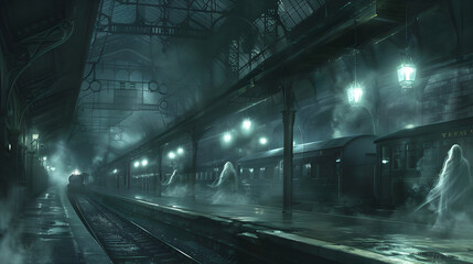 A spooky train station with translucent passengers waiting for a ghostly ride through eternity.