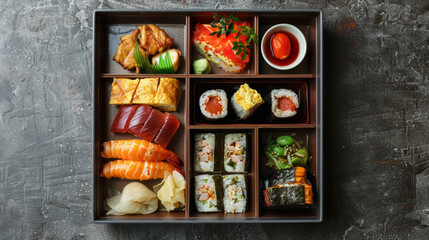 traditional japanese bento box with assorted sushi and sides