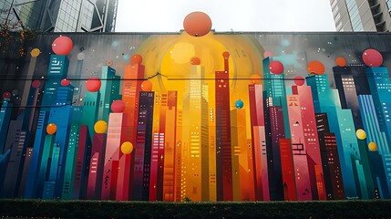 Multiracial friends exploring dystopian buildings depicted a vibrant mural