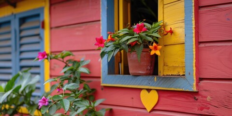 Vibrant pink, red, and yellow flowers bloom in a window box, their petals mirroring the colorful painted walls of the house