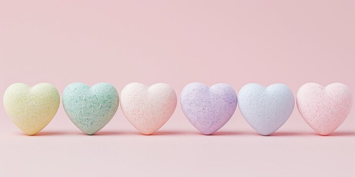Six pastel-colored heart-shaped bath bombs are lined up on a pink background