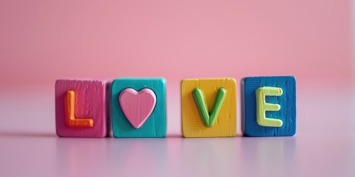 Four wooden blocks, painted in various colors, spell out the word love, with a pink heart on the second block. The blocks sit on a light pink surface