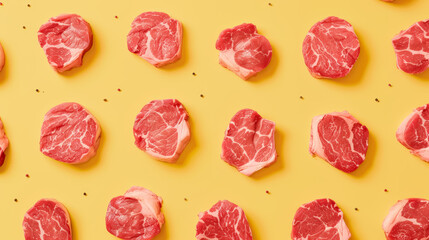 Obraz premium pattern of raw beef steaks neatly arranged on a bright yellow background