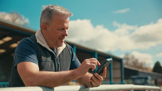 Mature male farm worker standing outside barn leaning on fence making call on mobile phone - shot in slow motion