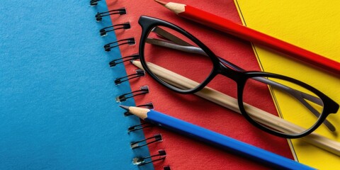 A notebook with blue, red, and yellow pages is adorned with pencils and glasses, suggesting a space for learning and creativity