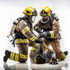firefighters rescuing colleague; white background 