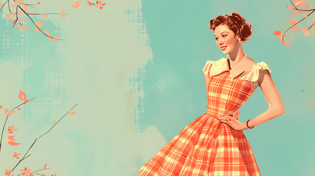 Vintage style illustration of a smiling woman in a dress