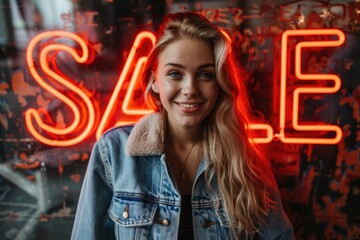 Fototapeta premium A young woman with a bright smile stands in front of a glowing neon sign that reads SALE