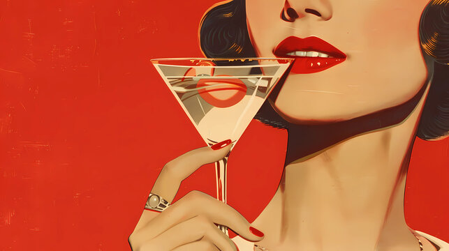 Vintage-style illustration of a woman with a martini