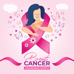 Breast Cancer Awareness Month Vector Illustration Pink Background with Pink Bow Ribbon Layout Social Media Banner Design