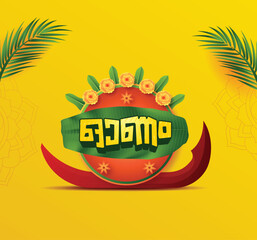 Onam Malayalam typography vector illustration design with floral background and backwater