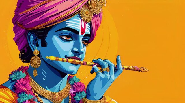 Hare Krishnas. Hindu male god or saint with blue skin, gold jewelry, colorful clothes and framed with colorful flowers