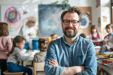 Obraz premium Elementary Arts Teacher and Happy Children in Art Class