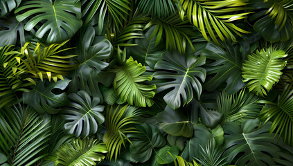 Tropical leaves green background including palm fronds creating exotic jungle atmosphere Palm Fronds Leaves Concept