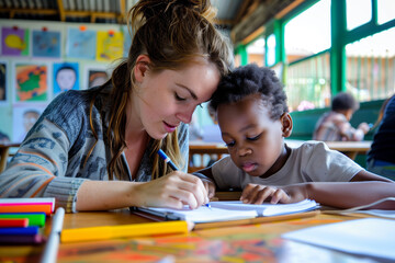 Fototapeta premium Teacher Teaching and Tutoring Child in Arts Classroom