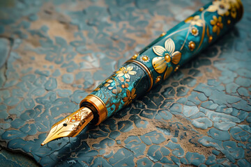 Exquisite floral fountain pen with ornate gold nib on textured surface artistic writing concept