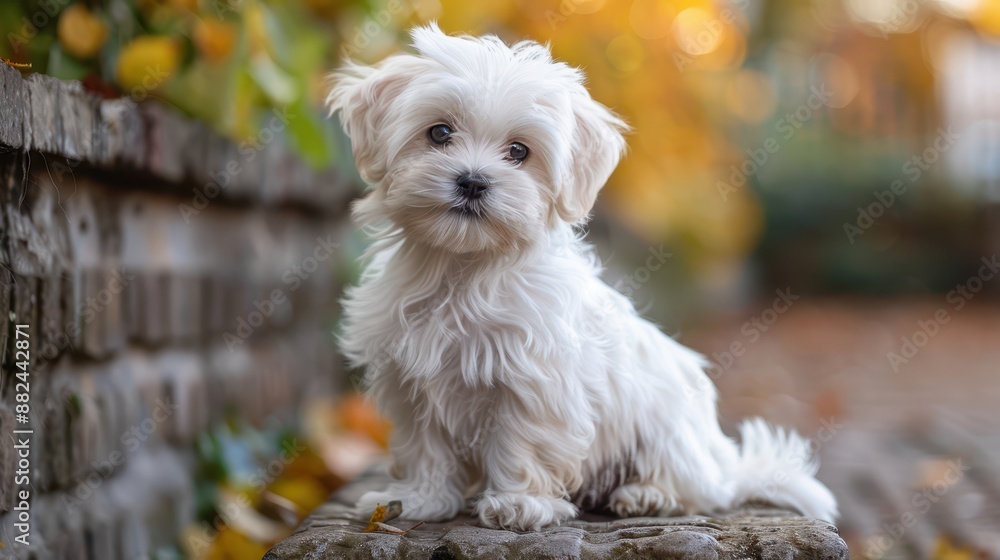 Poster a small white dog sitting on top of a wooden stump