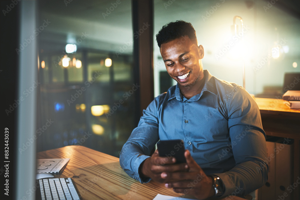 Poster night, smile and black man at computer with phone, research and business website at tech startup. da