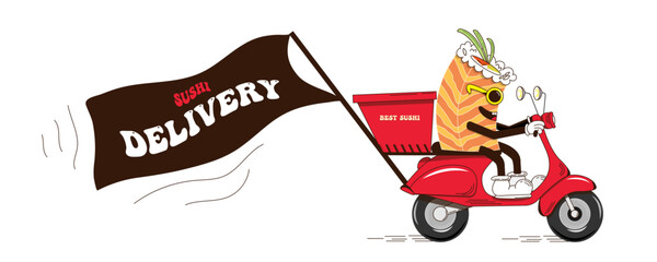 Delivery of sushi, rolls with a cool character in the form of sushi on a moped. Sushi, rolls on a moped in delivery. Groove style.