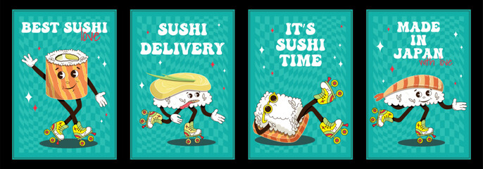 Mascots of bars and restaurants. A set of fashionable posters for decorating restaurants and bars. Delivery of sushi rolls. Fashionable retro style.