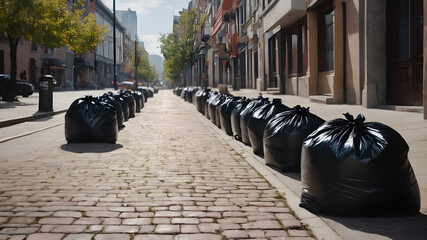 Several garbage bags lined up on a city street, Generative AI