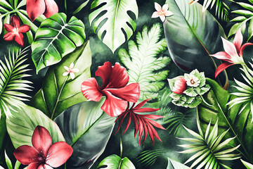 Bright seamless watercolor background with tropical plants, flowers, tropical flora. Floral plant background