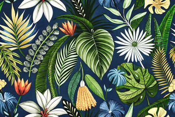 Bright background with tropical plants, flowers, tropical flora. Floral plant background