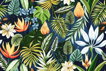 Bright seamless background with tropical plants, flowers, tropical flora. Floral plant background