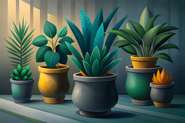 Fototapeta premium Illustration of a still life with various indoor plants in pots under artificial evening light