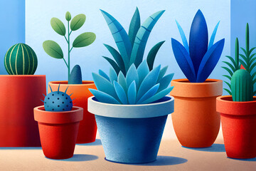 Fototapeta premium Illustration of a still life of various indoor plants in pots in natural daylight near the window...