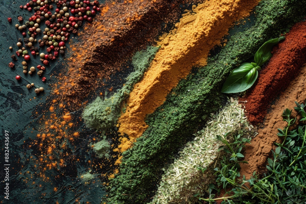 Poster A collection of various spices and herbs displayed on a table for easy access and use