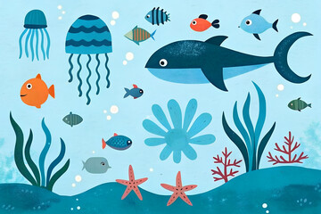 Illustration sea fish, underwater world in children's style