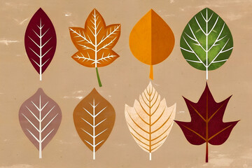 Set of autumn leaves on an beige background in vintage retro style	