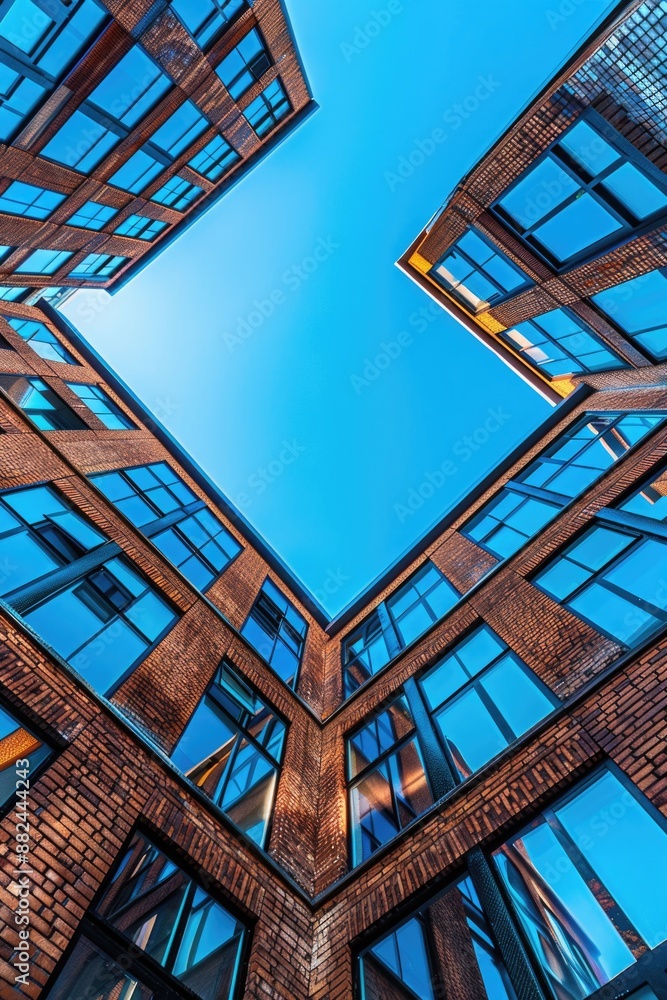 Poster a modern high-rise building with numerous windows on each floor, ideal for architecture or cityscape