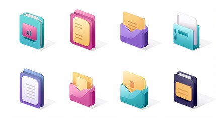 A set of eight isometric document and folder icons in pastel colors, highlighting various file and folder concepts, ideal for showcasing organization and simplistic design in a soft palette.