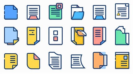 A collection of outlined document icons each with diverse file designs, representing different digital document formats and statuses, outlined with vibrant colors and clear symbols.