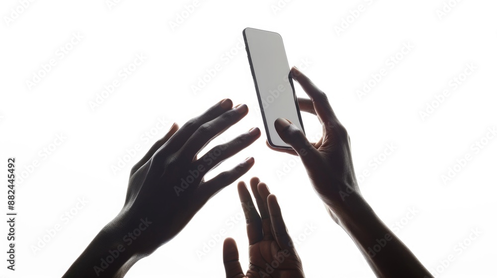 Poster a group of hands reaching up to a cell phone, great for use in technology or social media concepts