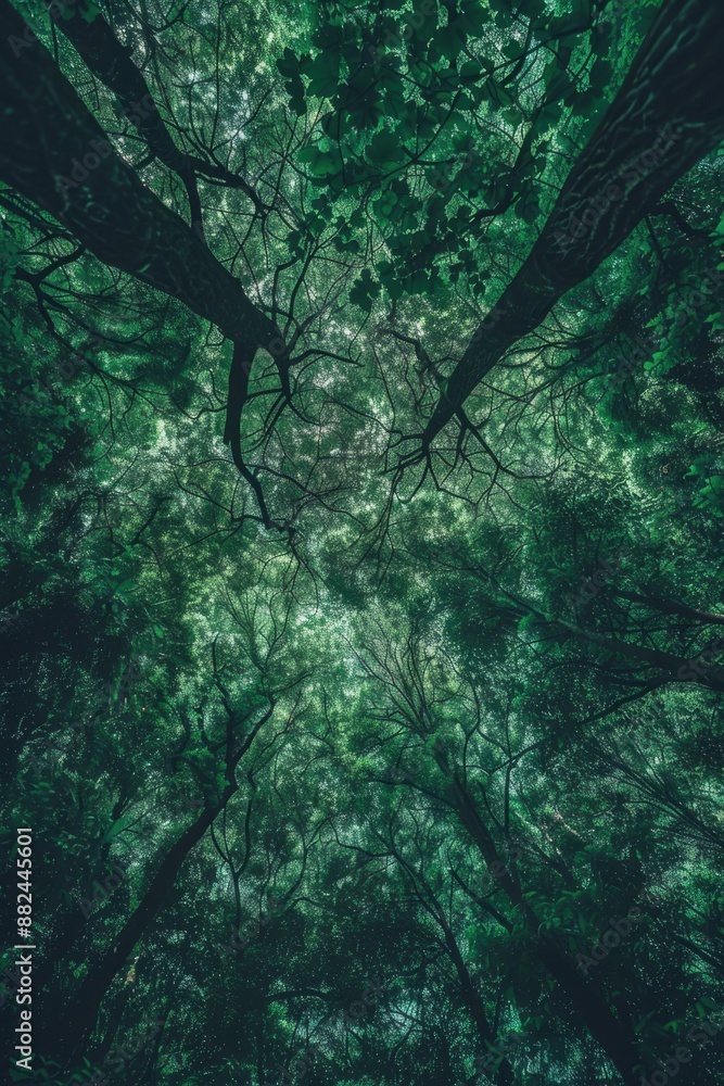 Poster a view of a forest floor looking upwards, with tall trees towering above
