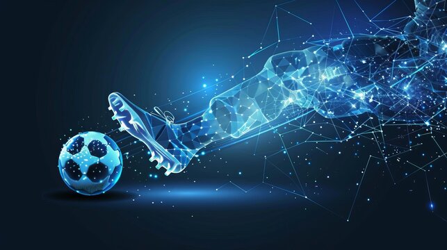 A digital representation of a soccer player kicking a ball, created with blue polygonal structures, signifying the fusion of sports and digital technology in modern times.