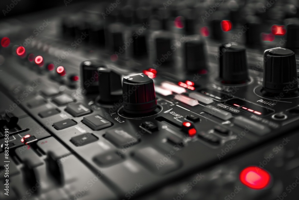 Poster a close-up view of a mixing board's knobs, ideal for music-related uses such as recording studios or