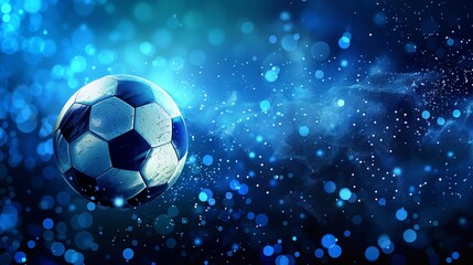 Fototapeta premium A soccer ball floating amidst a sea of blue light particles, creating a mesmerizing and ethereal effect that evokes a sense of wonder and excitement, set against a soft-focus backdrop.