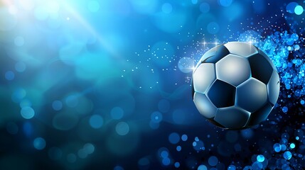 Fototapeta premium A soccer ball encased in a blue glowing aura with sparkling effects, set against a captivating and ethereal background that highlights the ball’s elegance and dynamic energy.