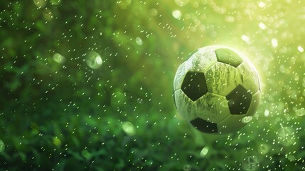 Naklejka premium A soccer ball is depicted amidst a lush green background, with rain droplets accentuating the scene, creating a perfect blend of sport and nature.