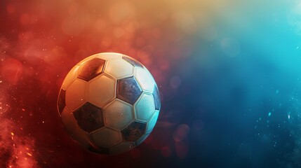 Obraz premium A soccer ball is captured in a striking contrast with a dynamic background featuring fiery hues on one side and cool blues on the other, symbolizing energy and balance.