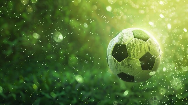 A soccer ball is depicted amidst a lush green background, with rain droplets accentuating the scene, creating a perfect blend of sport and nature. - Powered by Adobe