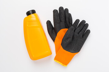 Automobile products and tools on color background, top view