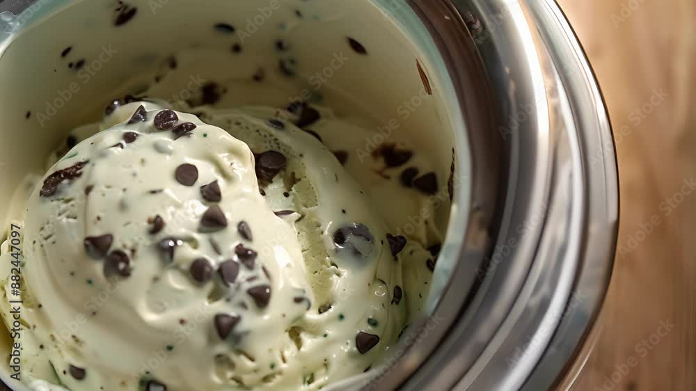 Poster an overhead shot of a modern electric ice cream maker with the lid open to reveal a fully frozen bat