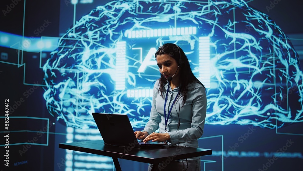 Poster speaker talking in online webinar, exploring ways ai can positively enhance companies workforce. pre